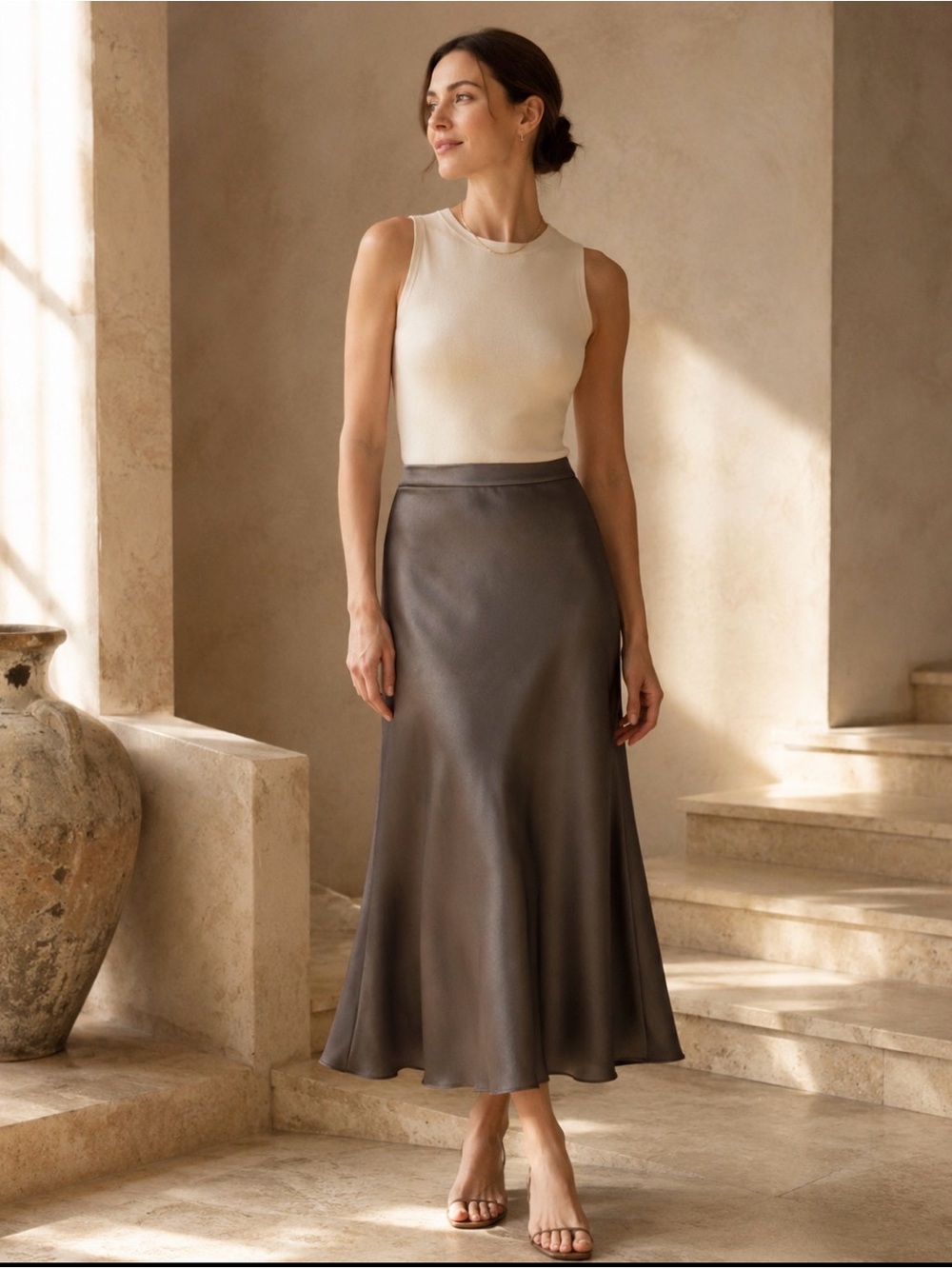 Quince Washable Silk Midi Skirt Taupe - Grey Size S 100% Silk Bias Cut